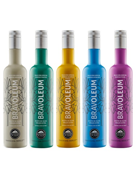 Aceite de Oliva Bravoleum Pack 5 X 500 ml Arbequina - Picual - Hojiblanca - Frantoio - Nevadillo Blanco